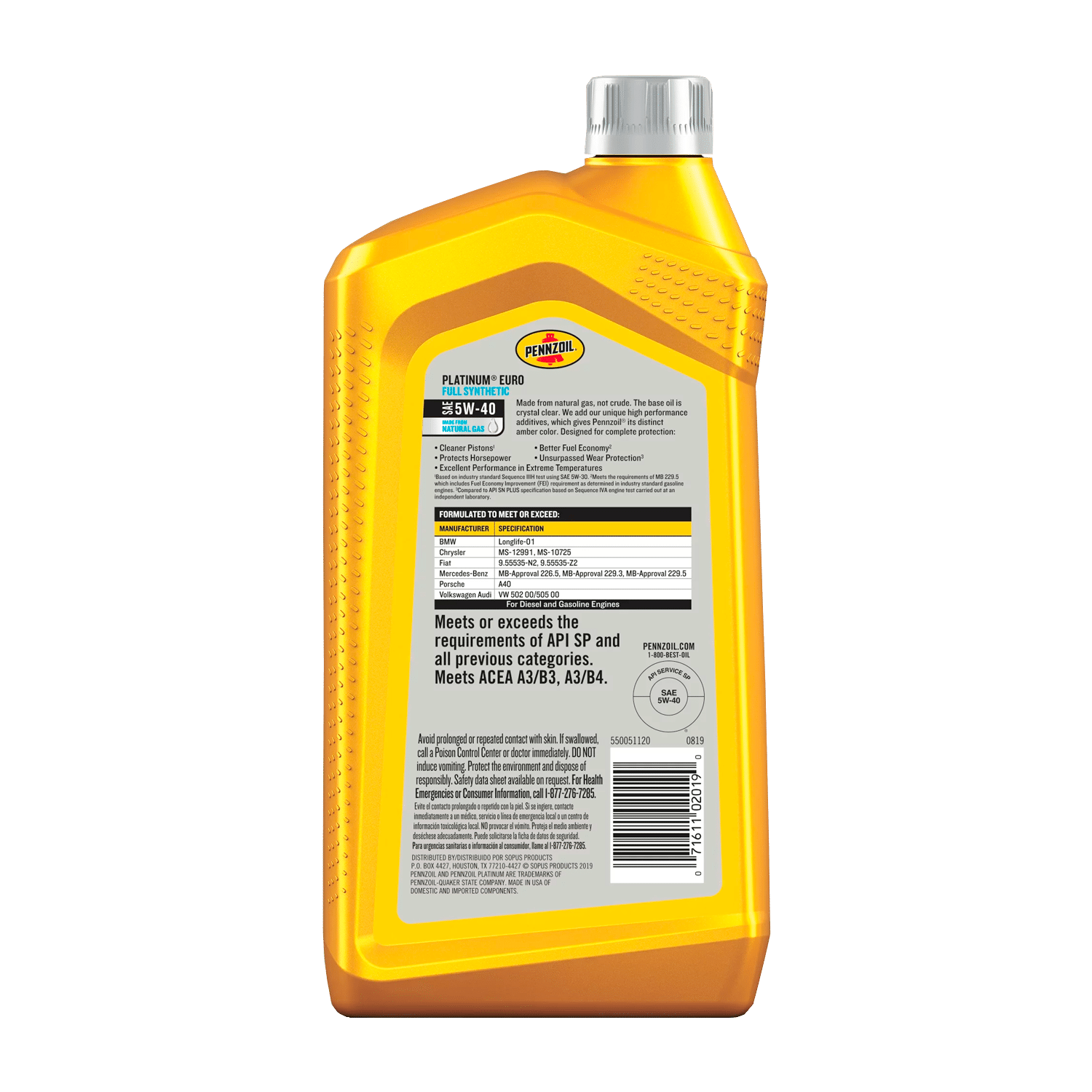 Pennzoil Platinum Euro Full Synthetic 5W-40 Motor Oil, 1 Quart - Image 2