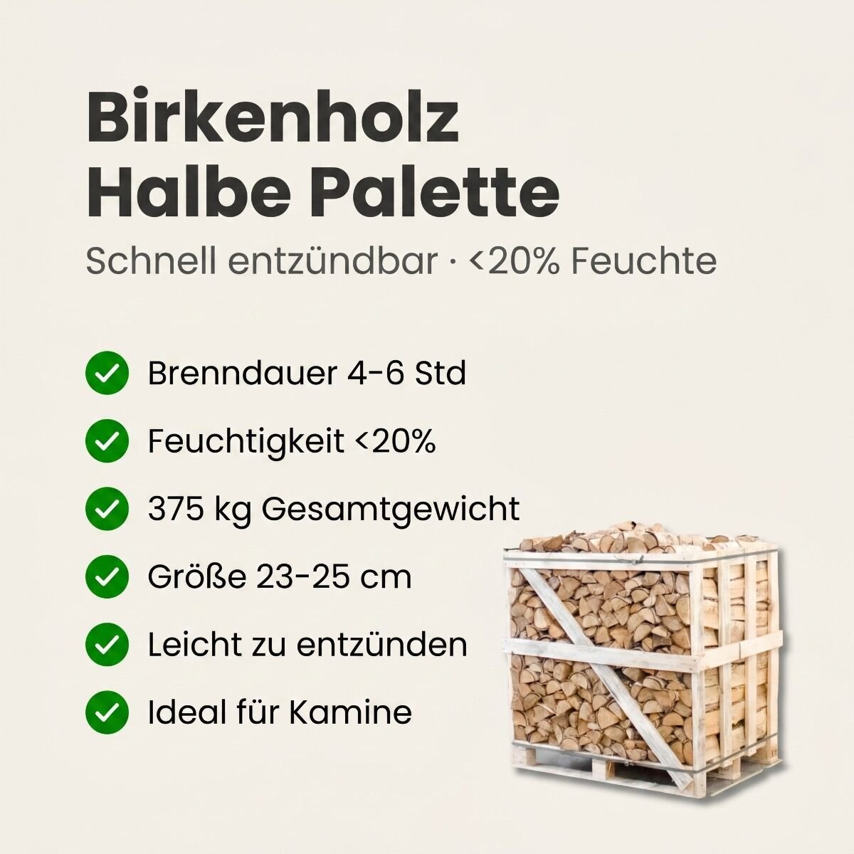 Halbe Palette kammergetrocknetes gespalten Birke Brennholz 25cm - Image 2